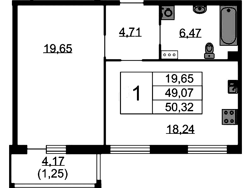 1-комнатная квартира 50.32 м², 5/9 эт., ЖК «Бакунина 33»